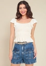 Blusa Em Malha Texturizada Com Lastex Manga Babados