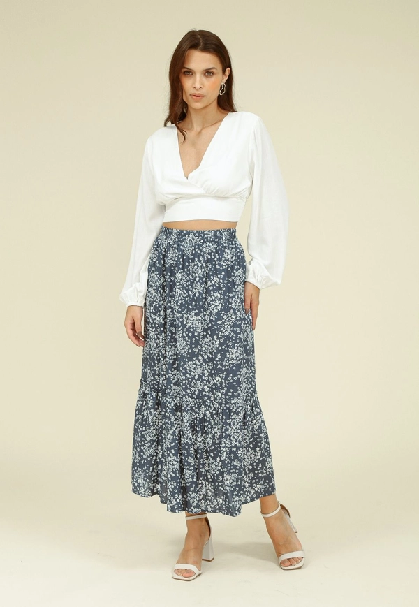 Saia Midi Com Recortes Em Viscose Estampa Liberty