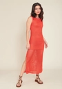 Vestido Midi Em Tricô Vazado Sem Mangas Fenda