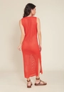 Vestido Midi Em Tricô Vazado Sem Mangas Fenda