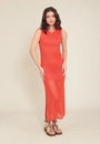 Vestido Midi Em Tricô Vazado Sem Mangas Fenda