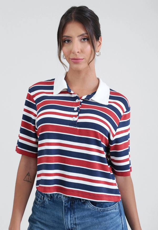 Blusa Polo Manga Curta Em Molecotom Listrado