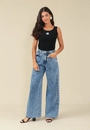 Calça Jeans Pantalona Com Prega Bolso