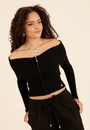 Blusa Tricô Manga Longa Ombro A Ombro Zíper Frente