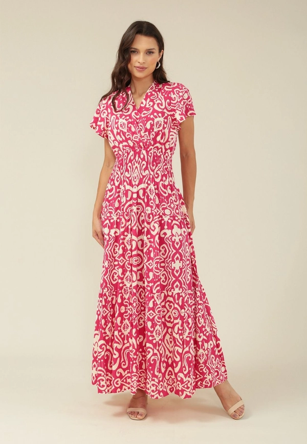Vestido Longo Em Viscose Manga Curta Decote V Estampa Bicolor