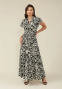Vestido Longo Em Viscose Manga Curta Decote V Estampa Bicolor