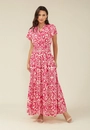 Vestido Longo Em Viscose Manga Curta Decote V Estampa Bicolor