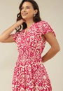 Vestido Longo Em Viscose Manga Curta Decote V Estampa Bicolor