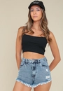 Short Jeans Com Puidos E Barra Desfiada Azul Escuro