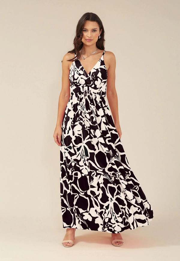 Vestido Longo Com Alça Em Viscose Estampada Bicolor