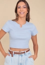 Blusa Malha Ribana Manga Curta Com Abertura Decote