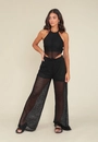 Calça Em Malha Rendada Wide Leg Com Forro