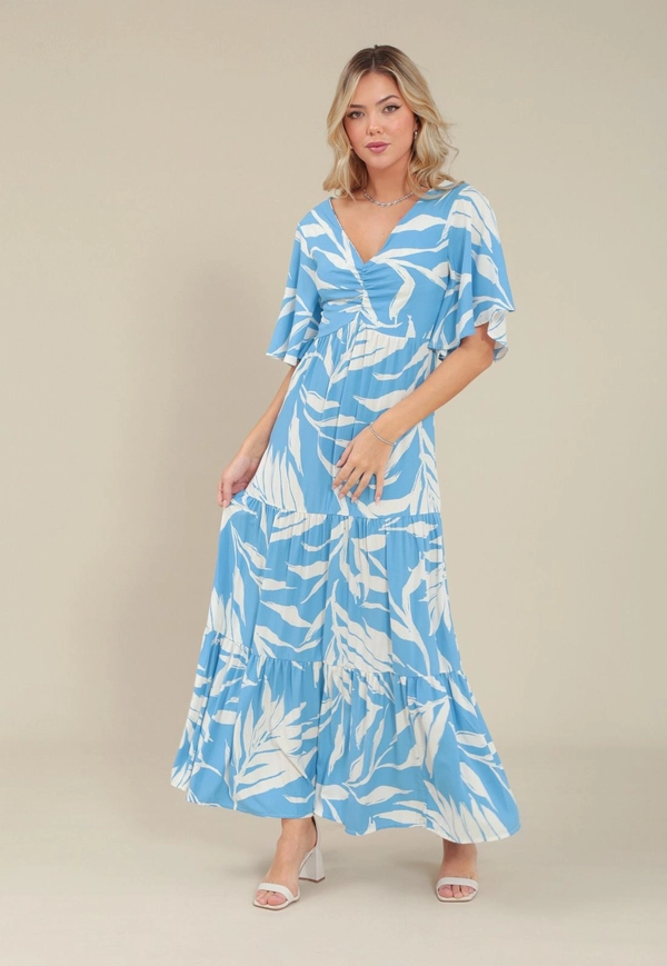 Vestido Evasê Midi Em Viscose Mangas Amplas Estampa Folhagem Azul