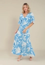 Vestido Evasê Midi Em Viscose Mangas Amplas Estampa Folhagem Azul