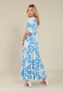 Vestido Evasê Midi Em Viscose Mangas Amplas Estampa Folhagem Azul