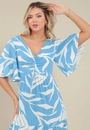 Vestido Evasê Midi Em Viscose Mangas Amplas Estampa Folhagem Azul