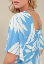 Vestido Evasê Midi Em Viscose Mangas Amplas Estampa Folhagem Azul