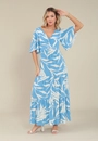 Vestido Evasê Midi Em Viscose Mangas Amplas Estampa Folhagem Azul