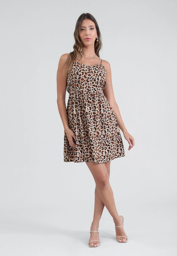Vestido Curto De Alça Com Recortes Em Viscose Animal Print