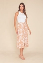 Saia Midi Em Linho Estampado Flor Bege Com Cinto