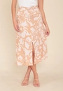 Saia Midi Em Linho Estampado Flor Bege Com Cinto