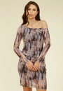 Vestido Curto Em Tule Estampa Aurora Manga Longa Decote Assimétrico