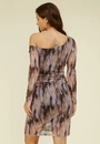 Vestido Curto Em Tule Estampa Aurora Manga Longa Decote Assimétrico