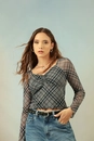 Blusa Manga Longa Com Recorte No Busto Em Tule Xadrez