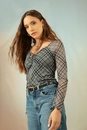 Blusa Manga Longa Com Recorte No Busto Em Tule Xadrez