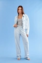 Calça Jeans Reta Com Strass Azul Claro