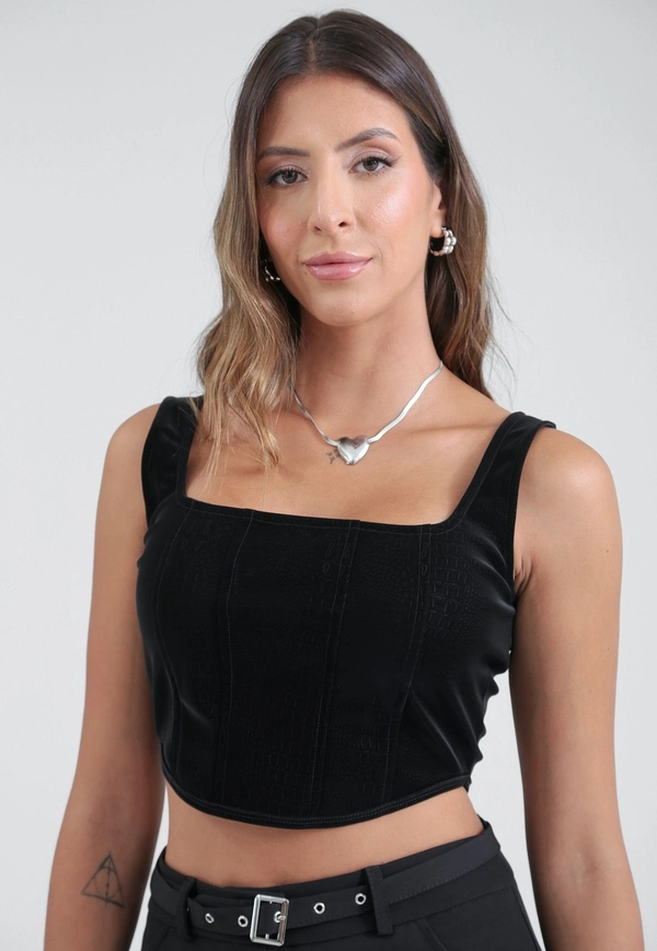 Cropped Corset Em PU Aveludado Estampa Cobra