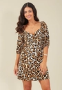 Vestido Curto Em Viscose Manga Bufante Estampa Onça