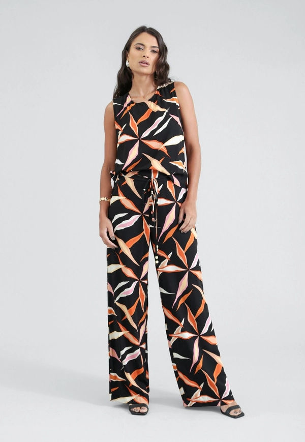 Calça Wide Leg Em Viscose Estampa Folhagens Color