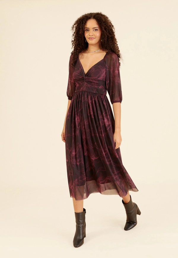 Vestido Em Tule Estampado Midi Manga 3/4 Busto Com Recorte