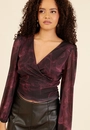 Blusa Em Tule Estampado Manga Longa Decote Transpassado