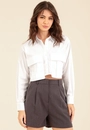 Camisa Cropped Em Tricoline Manga Longa Bolso