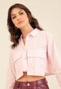 Camisa Cropped Em Tricoline Manga Longa Bolso