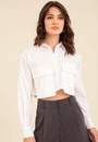 Camisa Cropped Em Tricoline Manga Longa Bolso