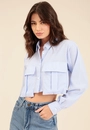 Camisa Cropped Em Crepe Listrado Manga Longa