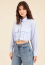 Camisa Cropped Em Crepe Listrado Manga Longa