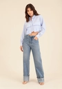 Camisa Cropped Em Crepe Listrado Manga Longa