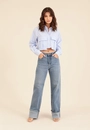 Camisa Cropped Em Crepe Listrado Manga Longa