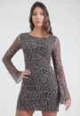 Vestido Curto Manga Longa Em Tule Animal Print
