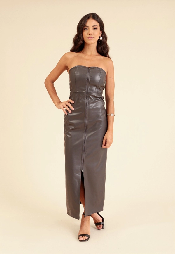 Vestido Midi Em Pu Recortes Zíper