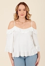 Blusa Em Malha Crepe Manga 3/4 Ombro Vazado Babados