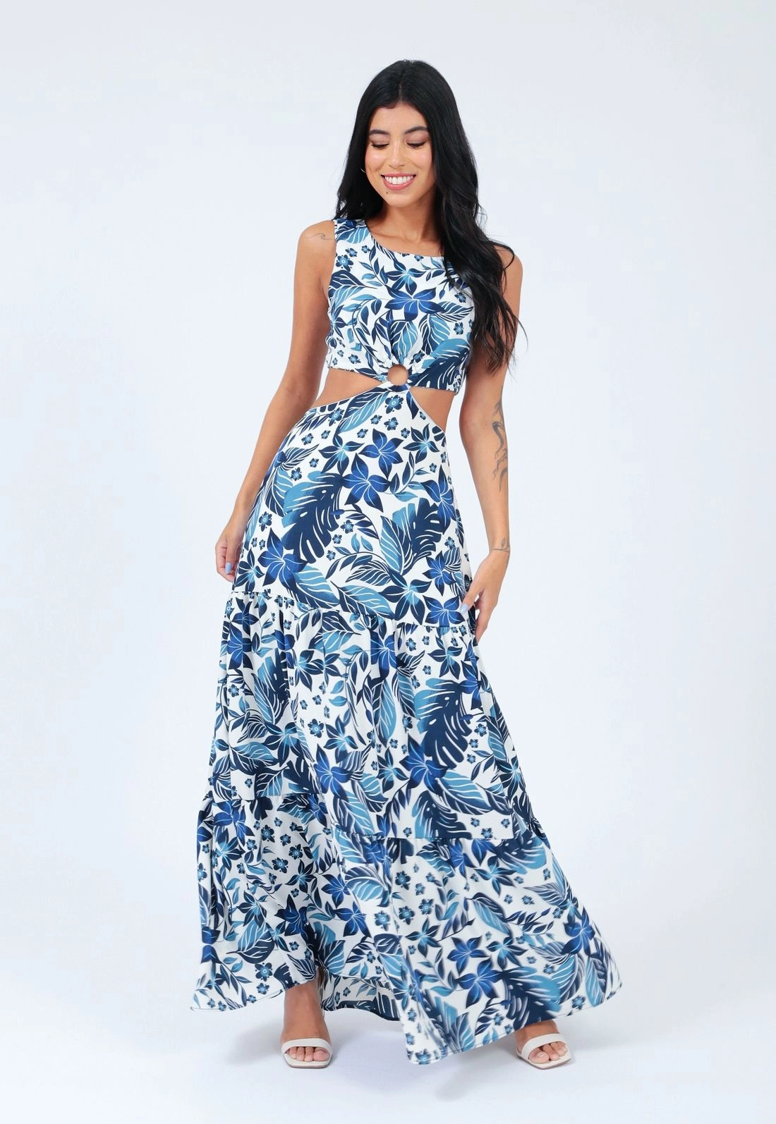 Vestido Crepe Sem Manga Longo Estampado