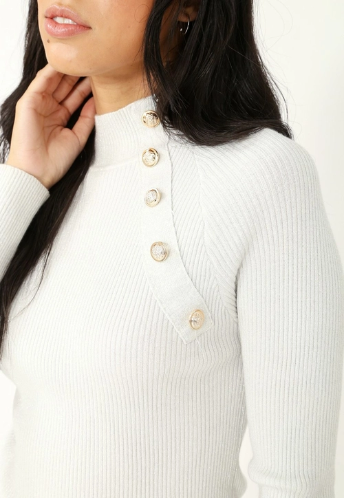 Blusa Tricô Manga Longa Gola Alta Botão