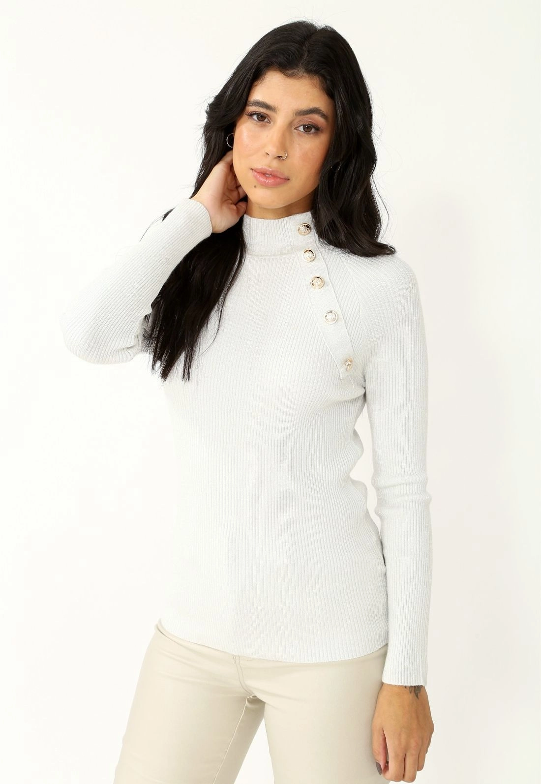 Blusa Tricô Manga Longa Gola Alta Botão