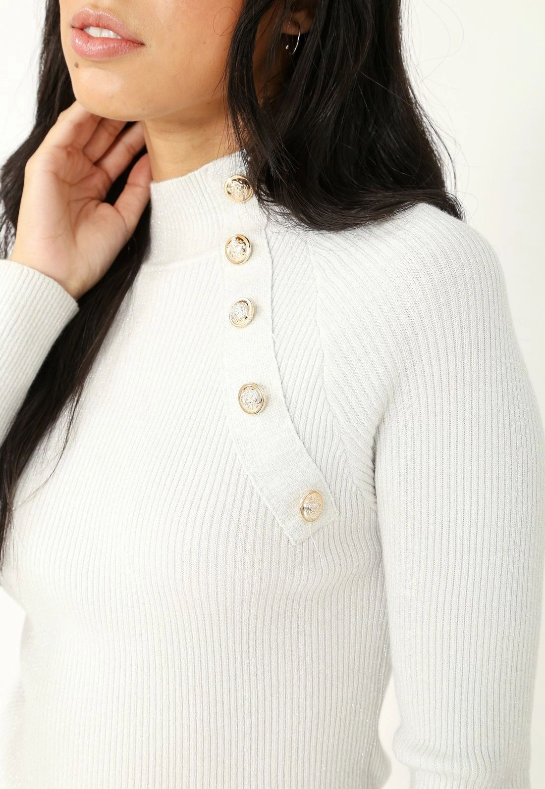 Blusa Tricô Manga Longa Gola Alta Botão