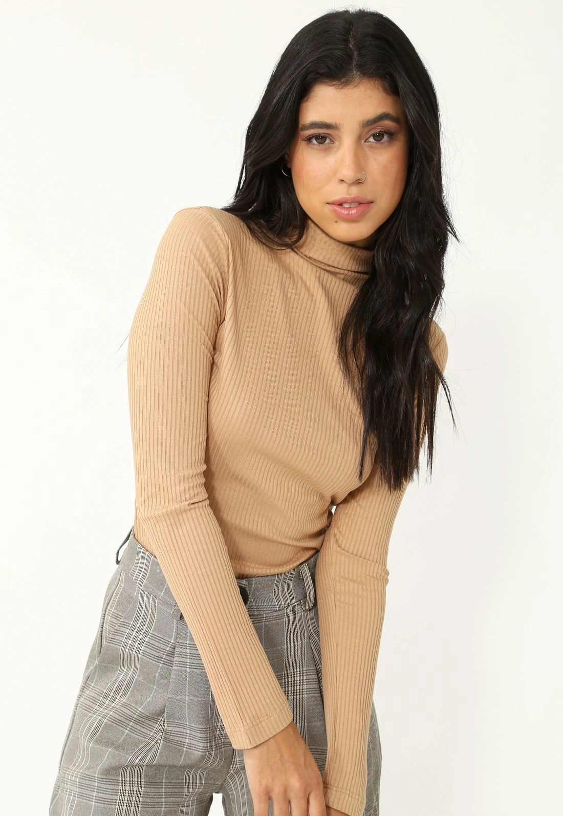Blusa Canelada Manga Longa Gola Alta
